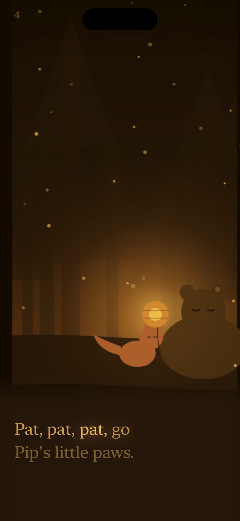 The Story on iPhone: Pip the fox kit with a paper lantern beside Bramble the bear, with read-along words.
